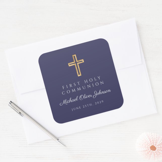Navy Blue Religious Cross Boy First Communion Square Sticker (Envelope)