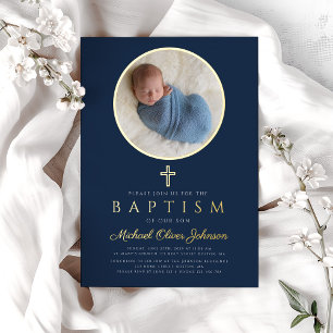 Navy Blue Religious Cross Boy Photo Baptism Gold