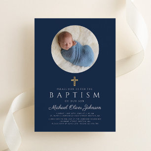 Navy Blue Religious Cross Boy Photo Baptism Invitation