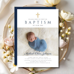 Navy Blue Religious Cross Photo Boy Baptism Invitation