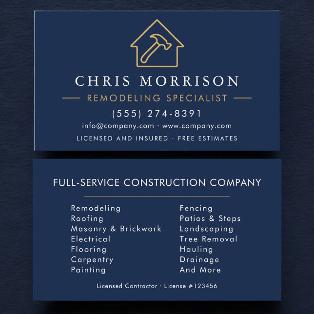 Navy Blue Remodeling Specialist Construction Business Card (Creator Uploaded)