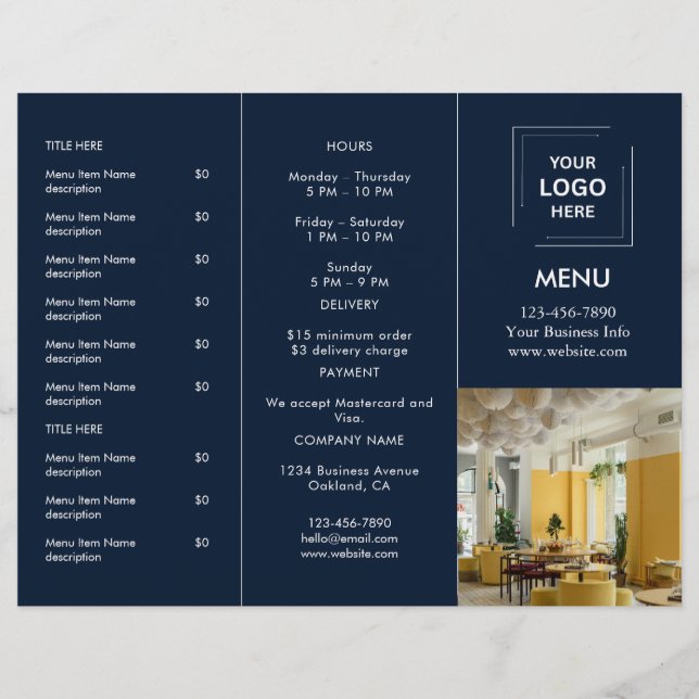 Navy Blue Restaurant Photo Takeout Menu Design (Front)