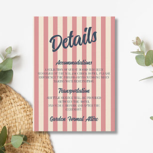 Navy Blue Retro Blush Pink Stripes Wedding Details Enclosure Card