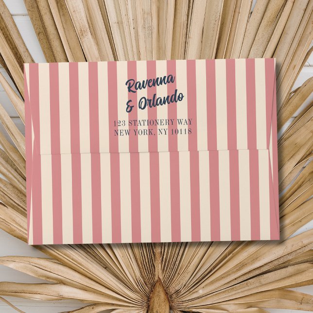 Navy Blue Retro Blush Pink Stripes Wedding Envelope (Creator Uploaded)