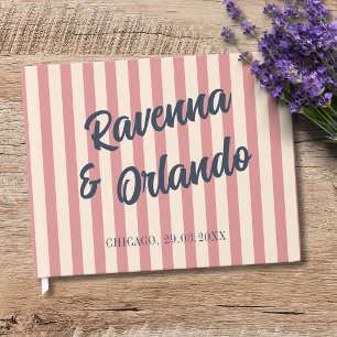 Navy Blue Retro Blush Pink Stripes Wedding Guest Book