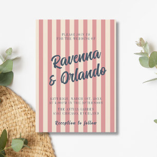 Navy Blue Retro Blush Pink Stripes Wedding Invitation