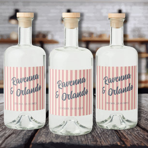 Navy Blue Retro Blush Pink Stripes Wedding Liquor Bottle Label