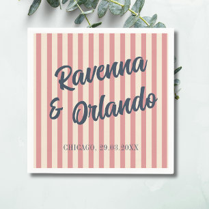 Navy Blue Retro Blush Pink Stripes Wedding Napkin