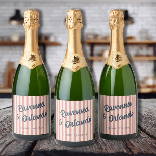 Navy Blue Retro Blush Pink Stripes Wedding Sparkling Wine Label