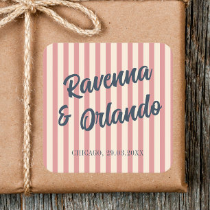 Navy Blue Retro Blush Pink Stripes Wedding Square Sticker