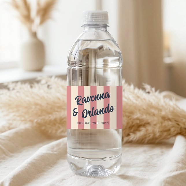 Navy Blue Retro Blush Pink Stripes Wedding Water Bottle Label (Creator Uploaded)