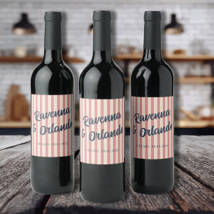Navy Blue Retro Blush Pink Stripes Wedding Wine Label