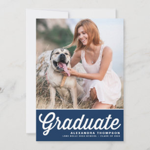 Navy Blue Retro Bold Typography Photo Graduation Announcement