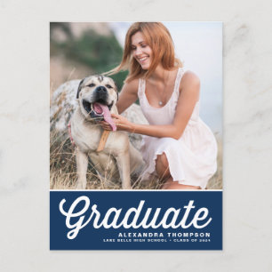 Navy Blue Retro Bold Typography Photo Graduation Announcement Postcard