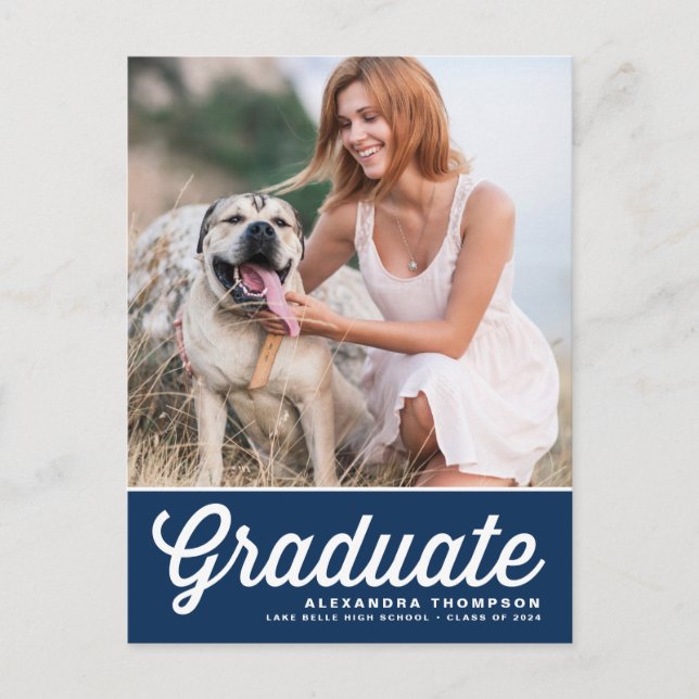 Navy Blue Retro Bold Typography Photo Graduation Announcement Postcard (Front)