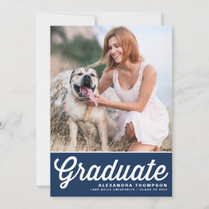 Navy Blue Retro Bold Typography Photo Graduation Invitation