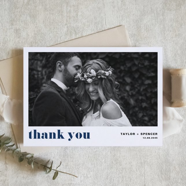 Navy Blue Retro Bold Typography Photo Wedding Thank You Card (Creator Uploaded)