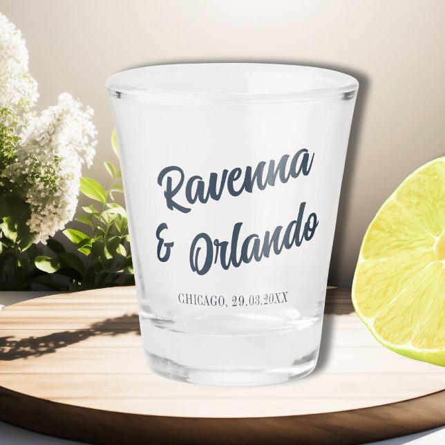 Navy Blue Retro Cursive Classy Wedding Shot Glass (Creator Uploaded)