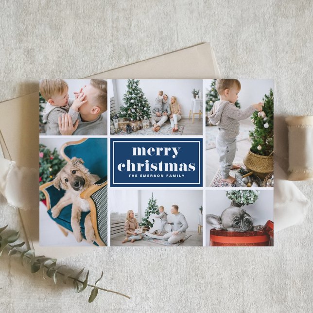 Navy Blue Retro Merry Christmas Photo Collage  Holiday Card (Creator Uploaded)