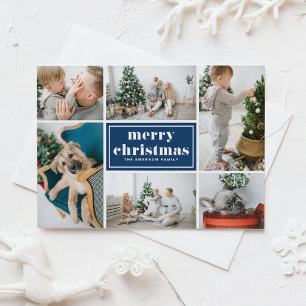 Navy Blue Retro Merry Christmas Photo Collage Holiday Card