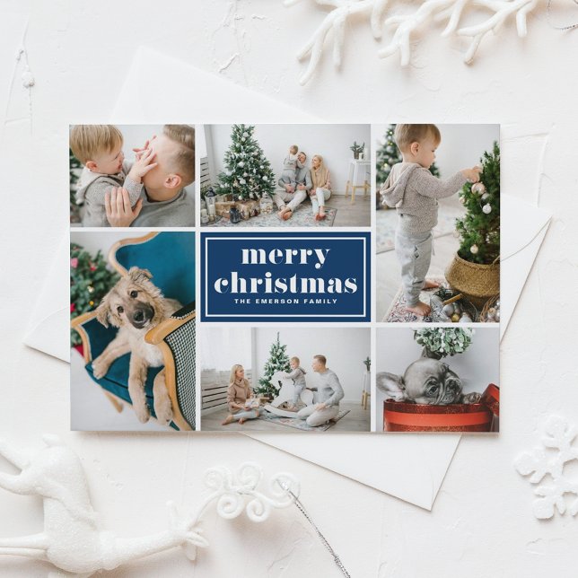 Navy Blue Retro Merry Christmas Photo Collage  Holiday Postcard (Creator Uploaded)