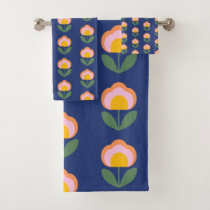 Navy Blue Retro Scandinavian Folk Flower Bathroom Bath Towel Set