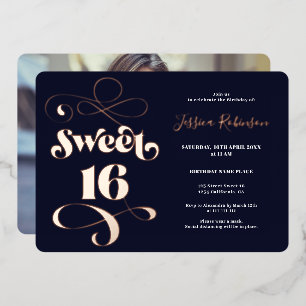 Navy blue retro script photo Sweet 16 rose gold