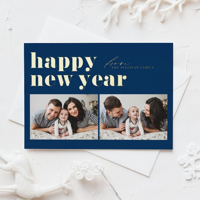 Navy Blue Retro Typography Photo Happy New Year Foil Holiday Postcard (Creator Uploaded)