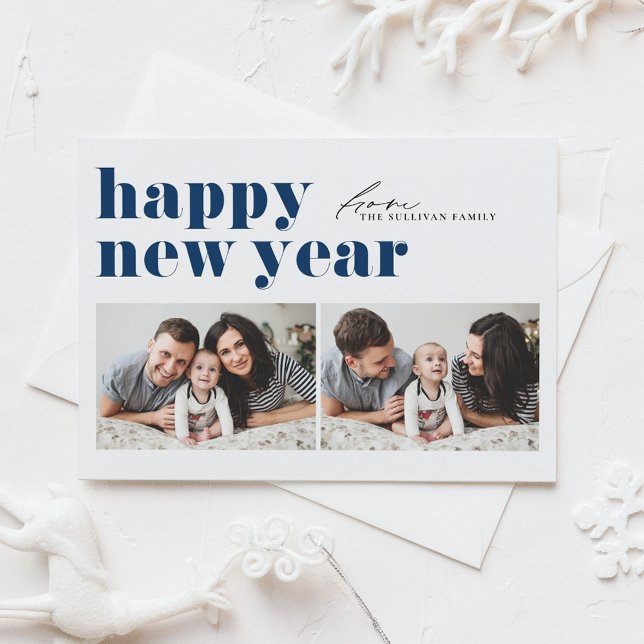 Navy Blue Retro Typography Photo Happy New Year Holiday Card (Creator Uploaded)