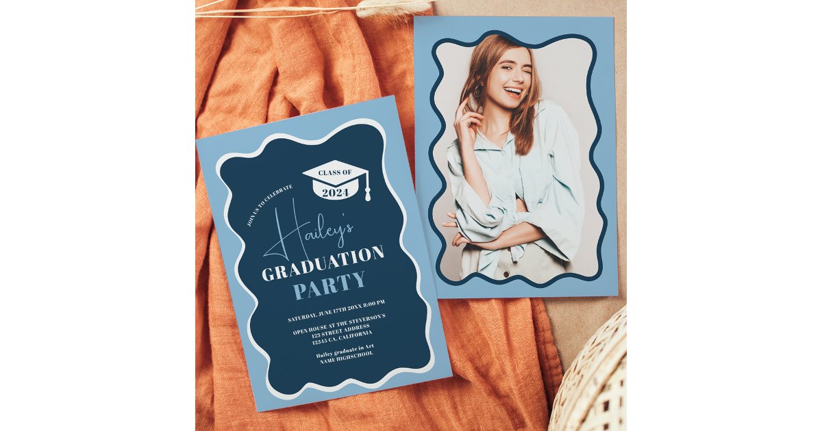 Navy blue retro wavy frame photo graduation invitation | Zazzle