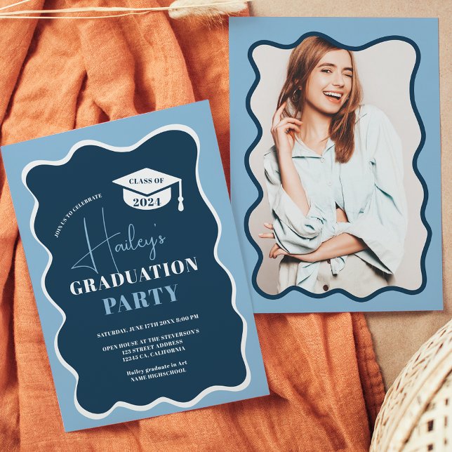 Navy blue retro wavy frame photo graduation invitation (Navy blue retro wavy frame photo graduation invitation)