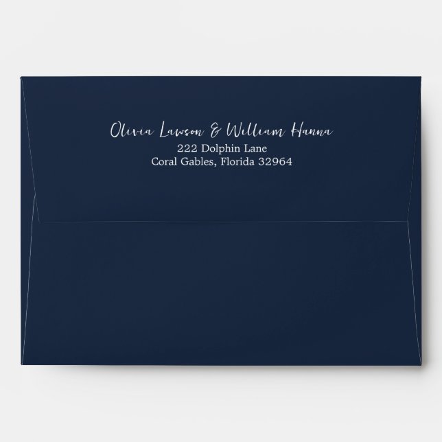 Navy Blue Return Address Envelope with Script (Back (Top Flap))