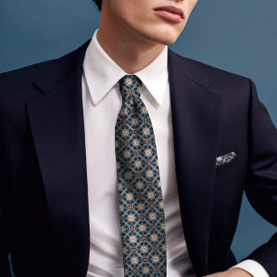 Navy Blue Rhombus Diamonds Vintage Floral Men's Tie