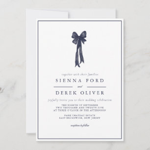 Navy Blue Ribbon Bow Elegance Wedding Invitation