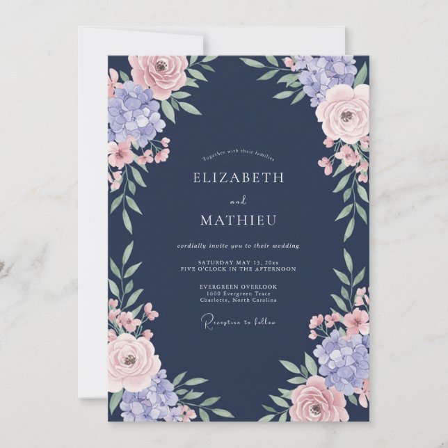 Navy Blue Romantic Rose Wedding Invitation (Front)