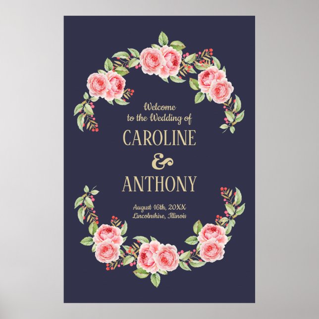 Navy Blue | Romantic Roses Wedding Welcome Sign (Front)