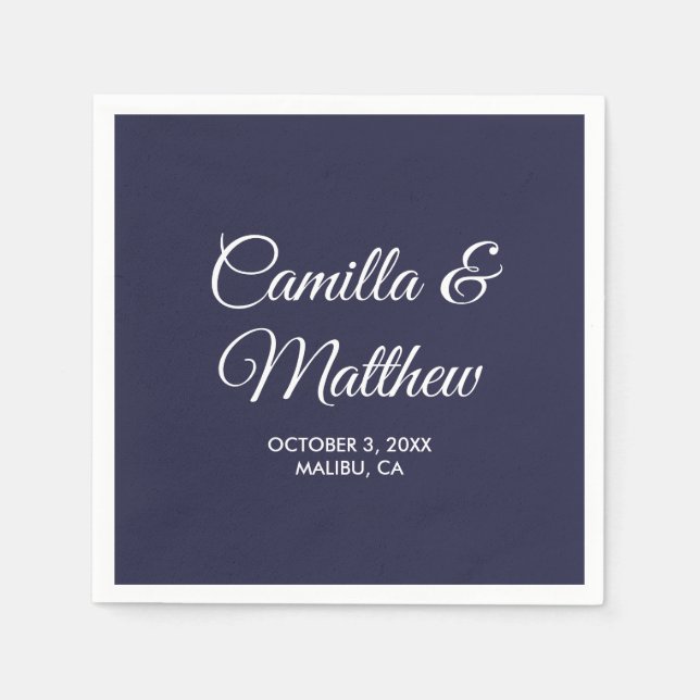 Navy Blue Romantic Script Personalised Wedding Napkin (Front)