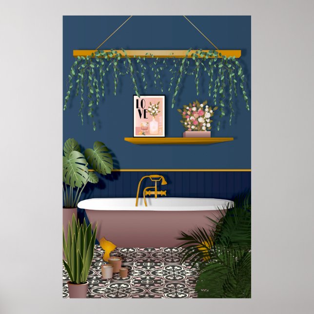 Navy Blue Romantic Victorian Bathroom | Green Bota Poster (Front)