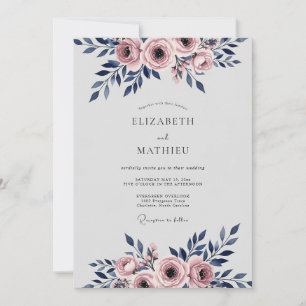 Navy Blue Romantic Watercolor Wedding Invitation