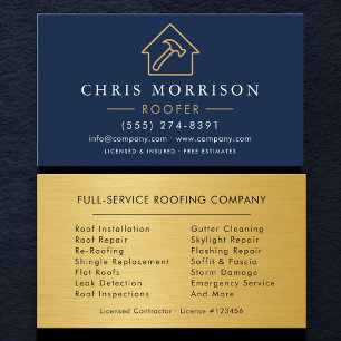 Navy Blue Roofing Professional Gold Metallic Business Card