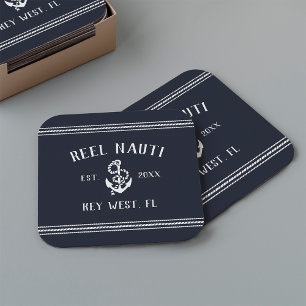 Navy Blue Rope & Anchor Boat Name Square Square Paper Coaster