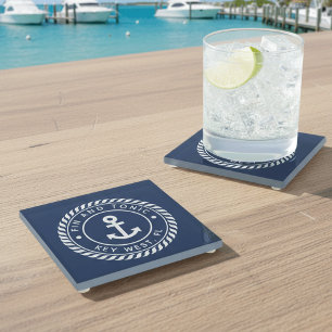 Navy Blue   Rope & Anchor Logo Boat Name Glass Coaster