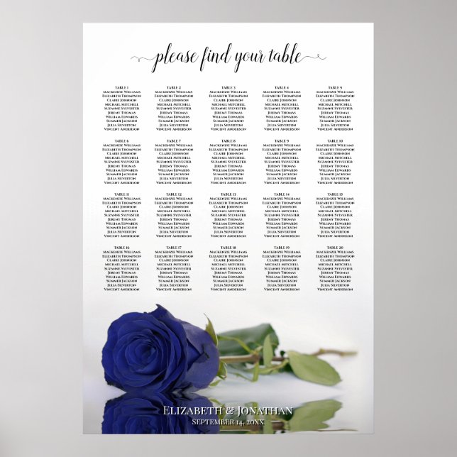 Navy Blue Rose 20 Table Wedding Seating Chart (Front)