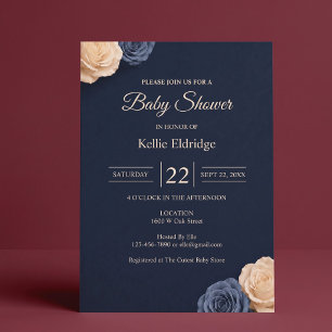 Navy Blue Rose Baby Shower Invitation