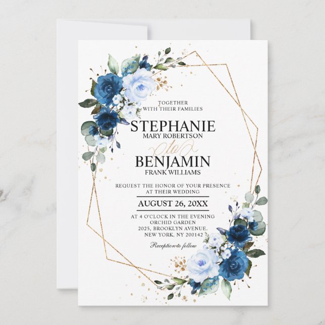Navy Blue Rose Boho Geometric Wedding Invitation (Front)