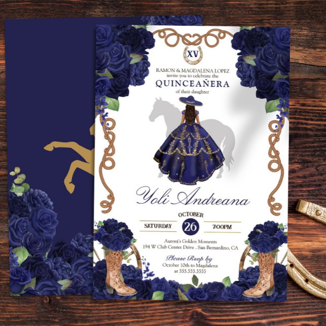 Navy Blue Rose Boots Charra Vestidos Quinceañera Invitation (Creator Uploaded)