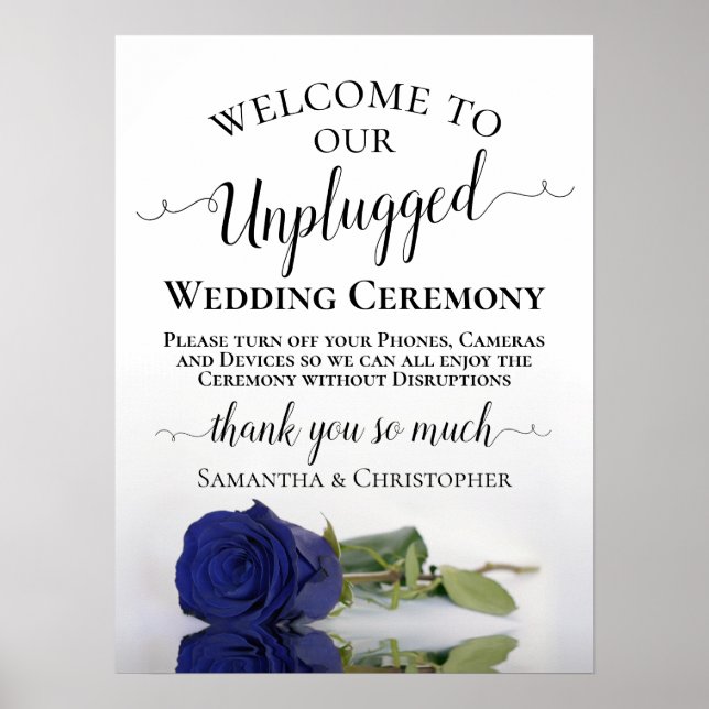 Navy Blue Rose Chic Unplugged Wedding Ceremony Poster (Front)