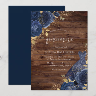 Navy Blue Rose Dress Gold Rustic Quinceanera Party Invitation