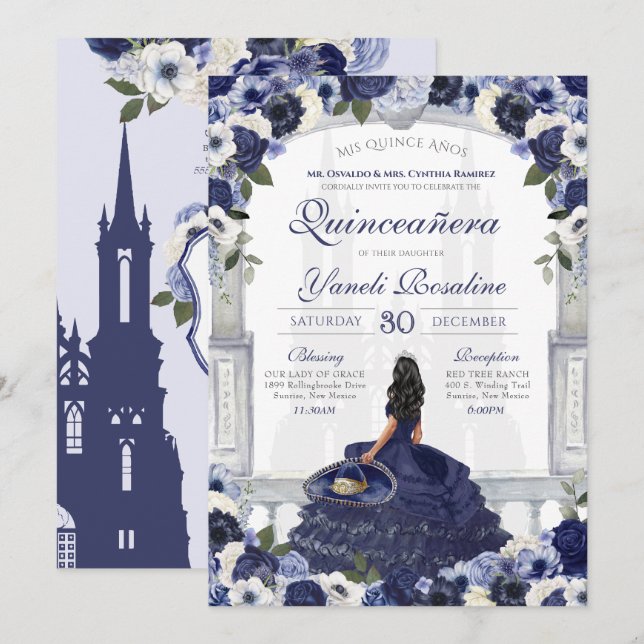Navy Blue Rose Elegant Charro Princess Quinceanera Invitation (Front/Back)