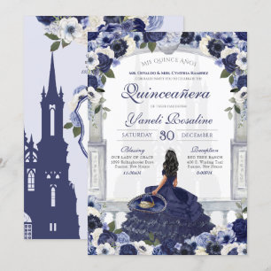 Navy Blue Rose Elegant Charro Princess Quinceanera Invitation